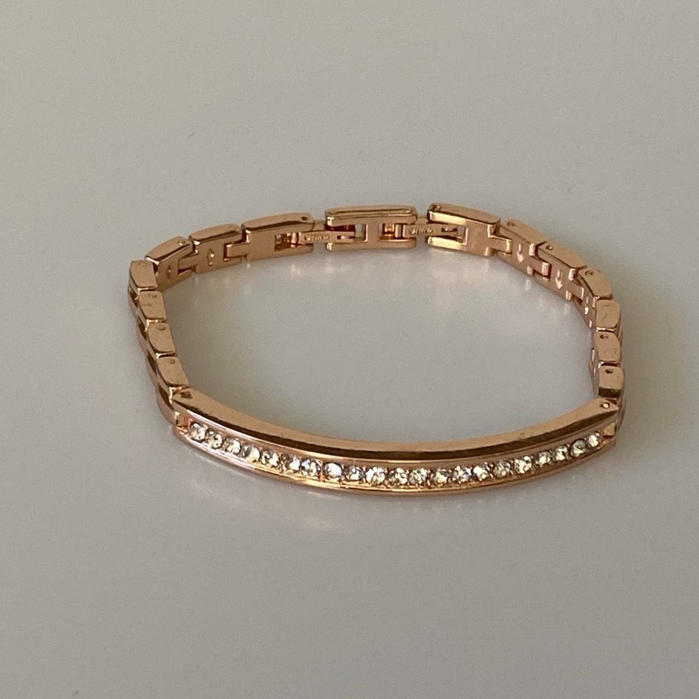 42 Bracelet Rose Gold Tone Linked Design Rhinestones 7.5”